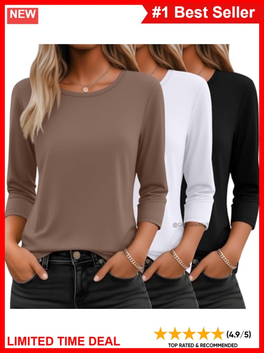 3/4 Sleeve Tops for Women Crewneck T-Shirts 3 Pack Loose Fit Casual